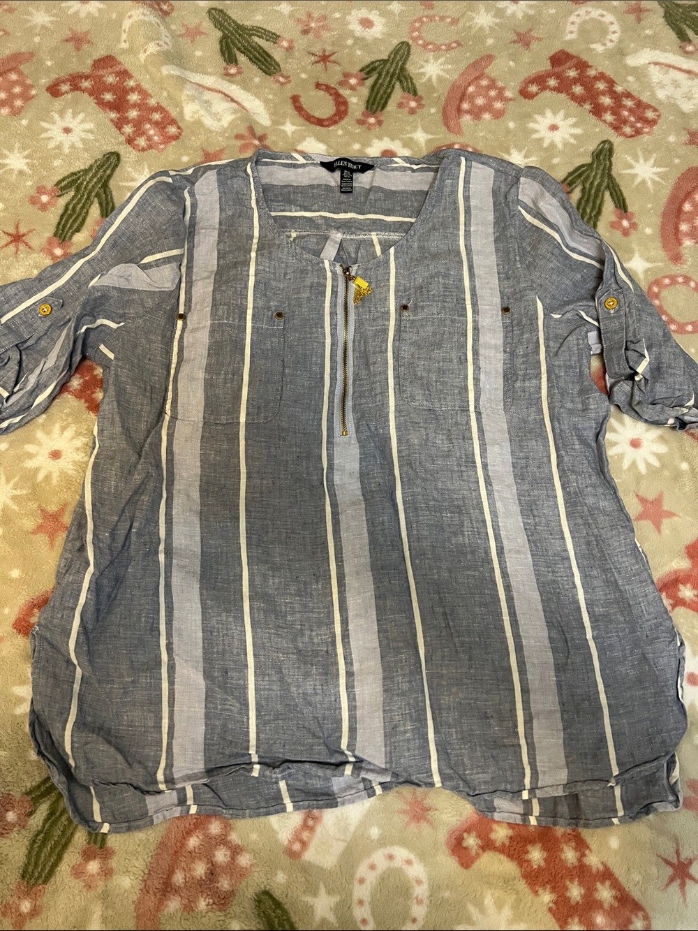Ellen Tracy Blue and White Striped Linen Blend Tunic